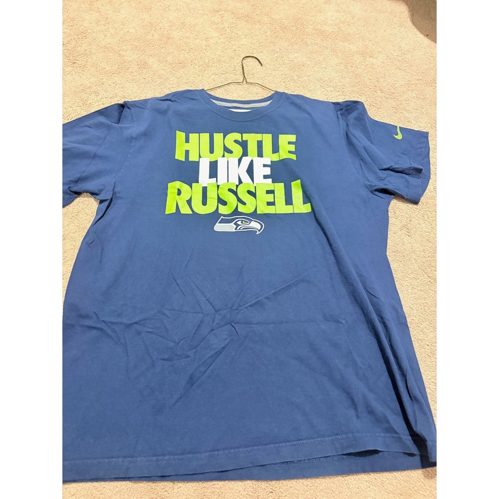 Nike Seattle Seahawks Hustle Like Russell Wilson Navy Blue T-Shirt Mens XL